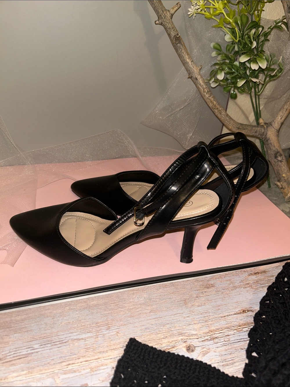 Sleek Black Pointed Ankle-Strap Heels